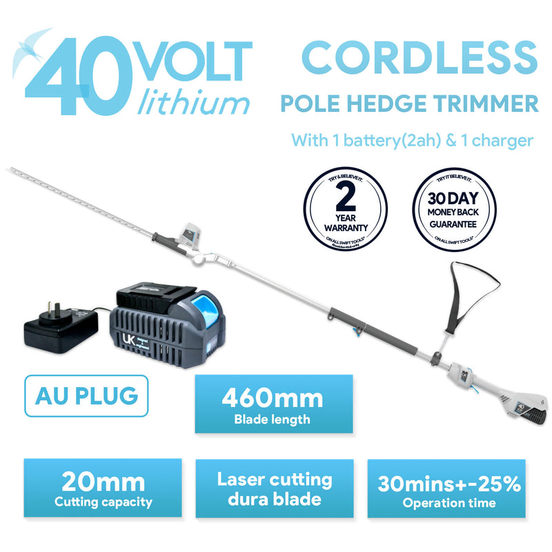 Angled view of cordless pole hedge trimmer swift series with battery