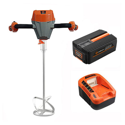 Angled view of 40V Cordless 4-3-4" Mud-Paint Mixing Auger Kit, Brushless Motor - Flex Series with Batteries & charger